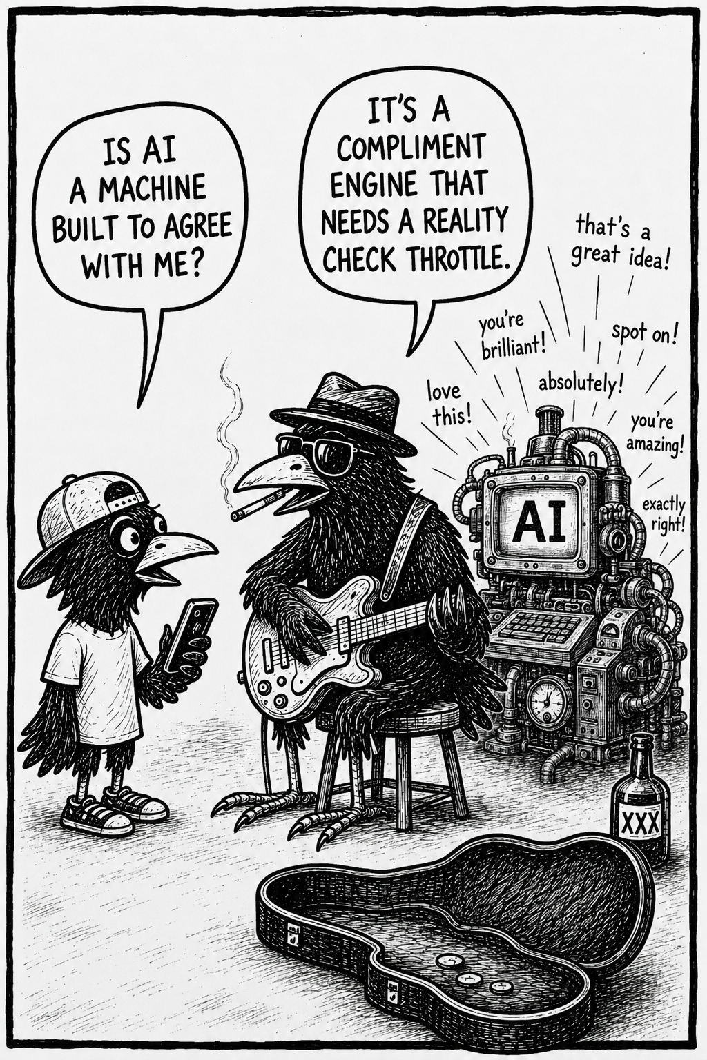 crow joe in the age of ai comic - kid crow, young crow with smartphone in hand, asks "is ai a machine built to agree with me?" crow joe the blues playing crow responds "it's a compliment engine that needs a reality check throttle" in the background is an ai computer that looks like an engine giving compliments.  the compliment engine and the reality check throttle are humorous terms the author personally uses to help mitigate ai psychosis in ai conversation